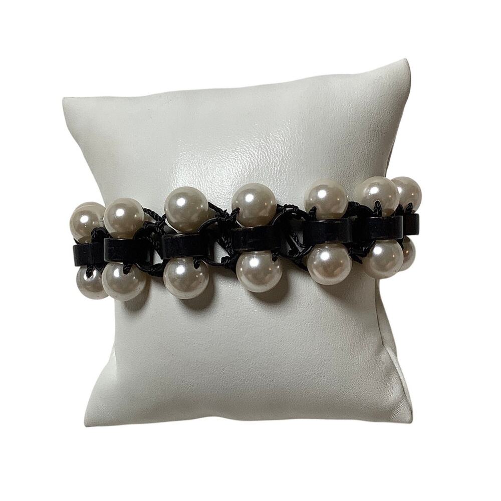 Lee Angel White Pearl Black Metal Link Bracelet Statement Edgy Goth Punk F14-18